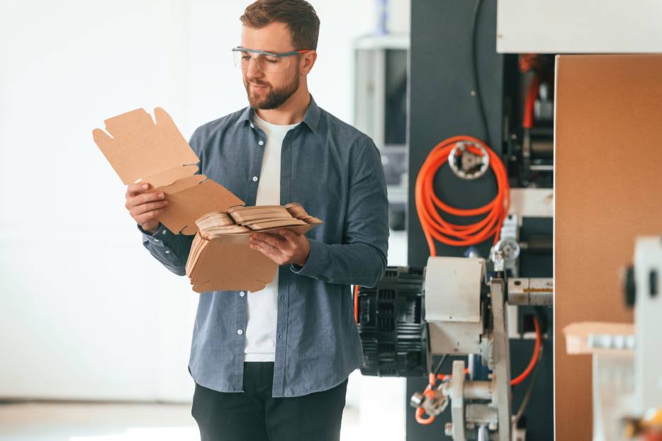 Trabajador de una fabrica de cajas de cartón examina una caja